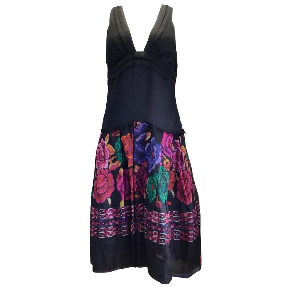 ROBERTO CAVALLI Dress Sz 38 Black Floral 100% Silk Sheer Drop Waist Vintage Y2K
